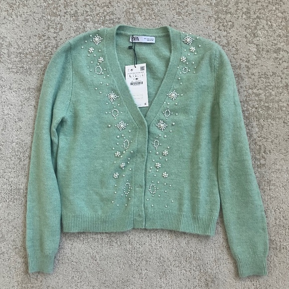 Zara Cardigan Sweater: Mint Green with Pearls; Size Large New with Tags - Picture 8 of 8